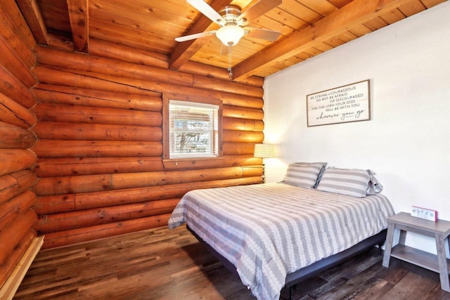 bedroom featuring beamed ceiling, dark hardwood / wood-style floors, and wooden ceiling