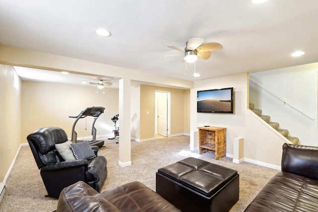 living room featuring ceiling fan and light carpet