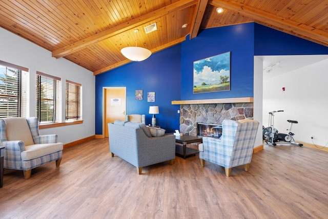 living room with wood ceiling, hardwood / wood-style floors, high vaulted ceiling, a fireplace, and beamed ceiling