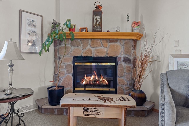 interior details featuring carpet flooring and a fireplace