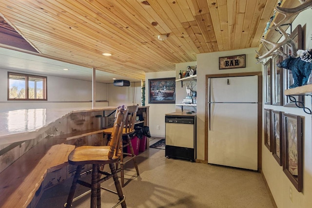 kitchen featuring wooden ceiling, dishwasher, and white refrigerator