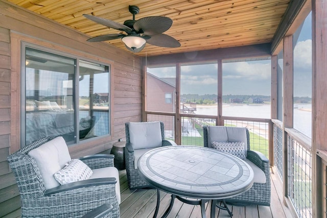 sunroom / solarium with wooden ceiling, ceiling fan, and a water view