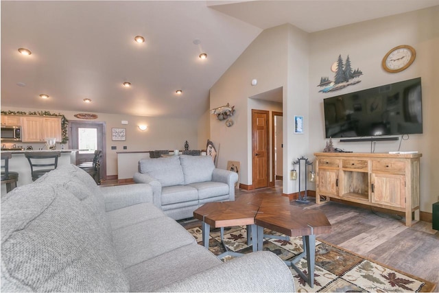 living room with dark hardwood / wood-style floors and high vaulted ceiling