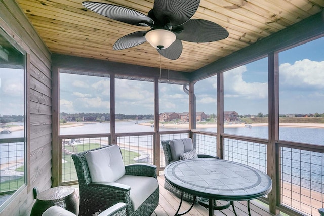 sunroom featuring wood ceiling, ceiling fan, and a water view