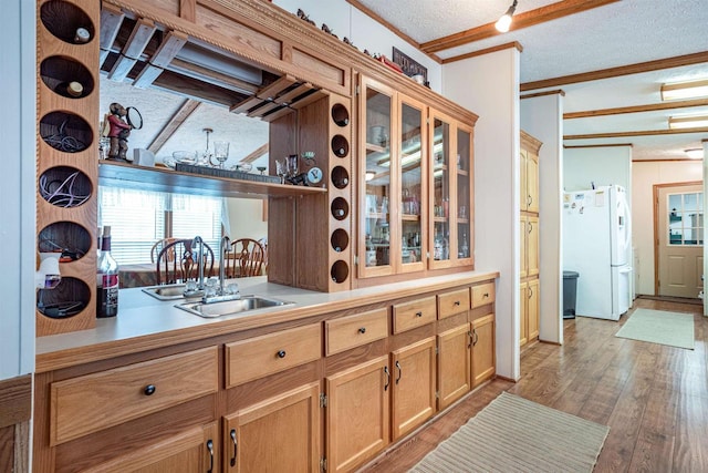 interior space featuring crown molding, sink, a textured ceiling, and light hardwood / wood-style flooring