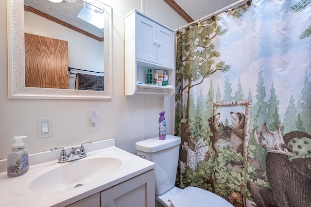 bathroom with crown molding, vanity, toilet, and a textured ceiling