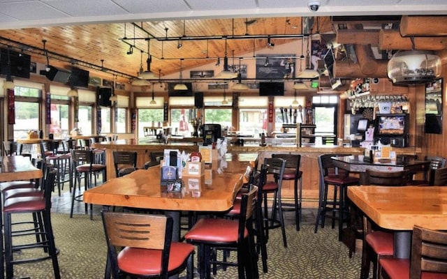 dining space featuring lofted ceiling, a healthy amount of sunlight, carpet, and wood ceiling