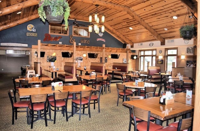 dining space featuring beam ceiling, high vaulted ceiling, wooden ceiling, and ceiling fan