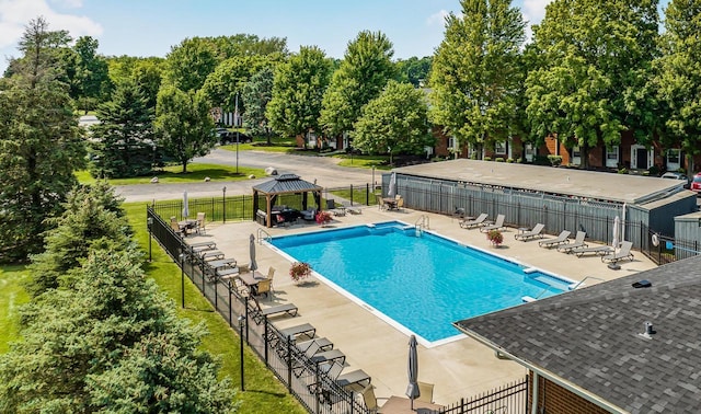 view of pool featuring a gazebo and a patio