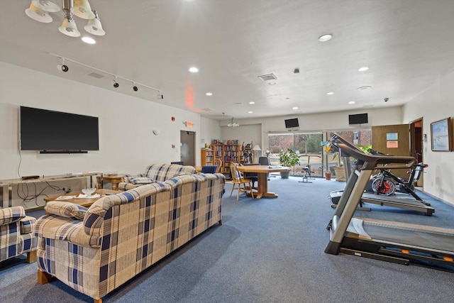 living room featuring carpet floors and rail lighting