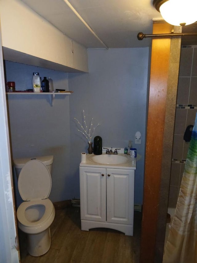 bathroom with vanity, wood-type flooring, toilet, and a shower with shower curtain