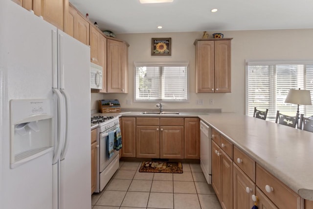 kitchen featuring sink, white appliances, a wealth of natural light, and light brown cabinets