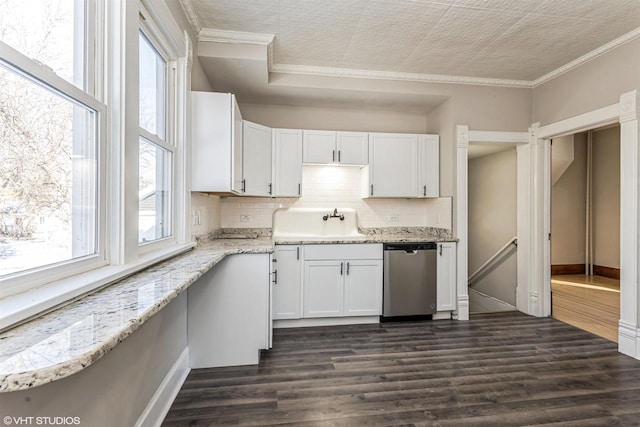 kitchen with white cabinets, dark wood-type flooring, ornamental molding, and dishwasher