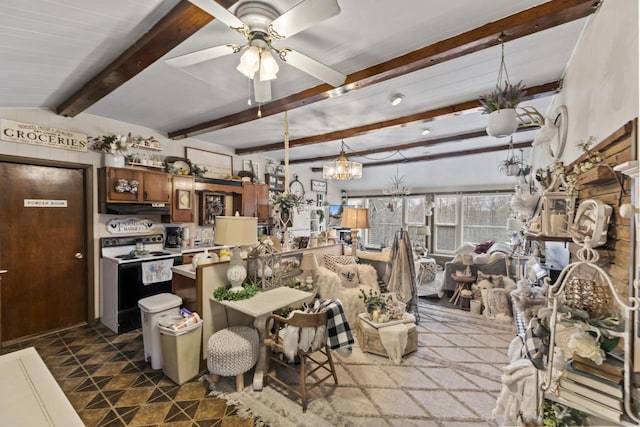 kitchen with electric range, ceiling fan with notable chandelier, decorative light fixtures, kitchen peninsula, and beamed ceiling