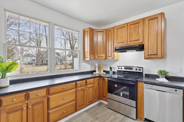 kitchen with appliances with stainless steel finishes and light hardwood / wood-style flooring