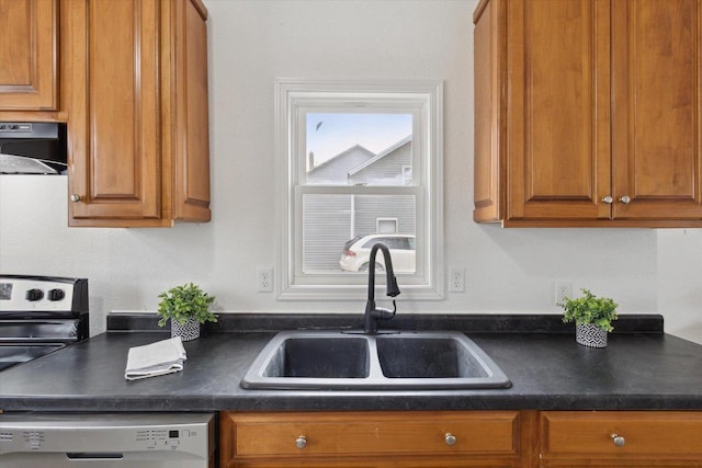 kitchen featuring electric stove, dishwasher, sink, and extractor fan