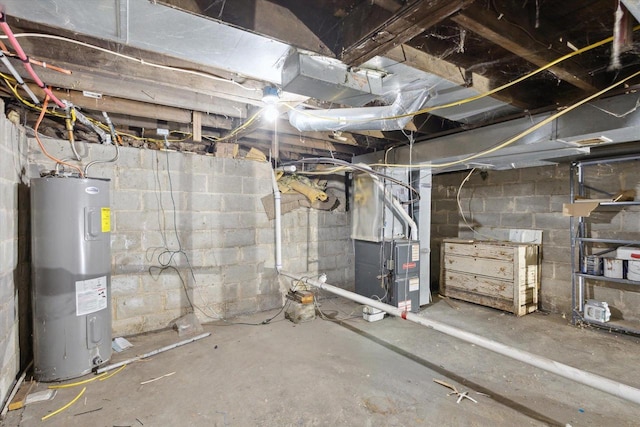 basement with heating unit and water heater