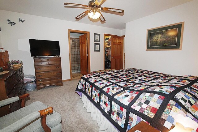 W5698 Losinski Rd, Princeton, WI 54968 - bedroom with light colored carpet, a walk in closet, ceiling fan, a closet, and ensuite bath