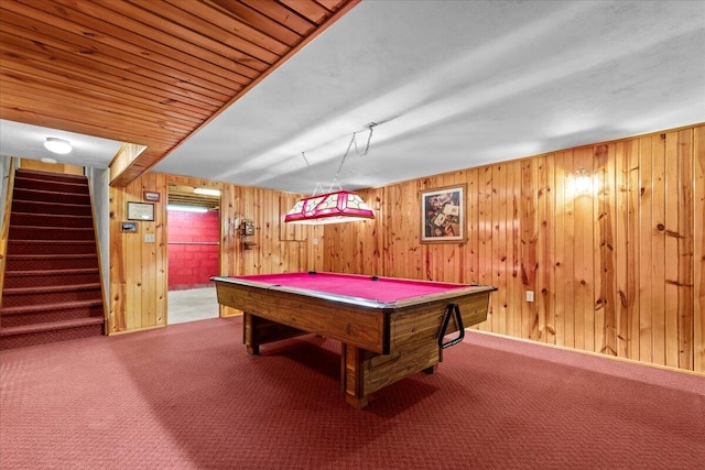 rec room featuring billiards, wood walls, and carpet flooring