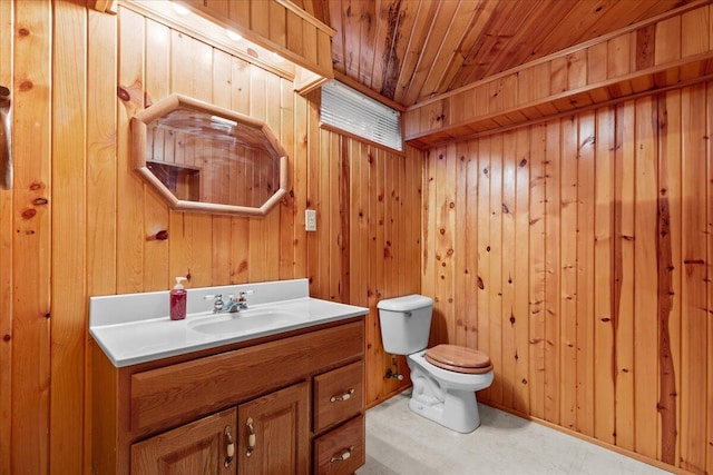 bathroom with vanity, wood walls, wood ceiling, and toilet