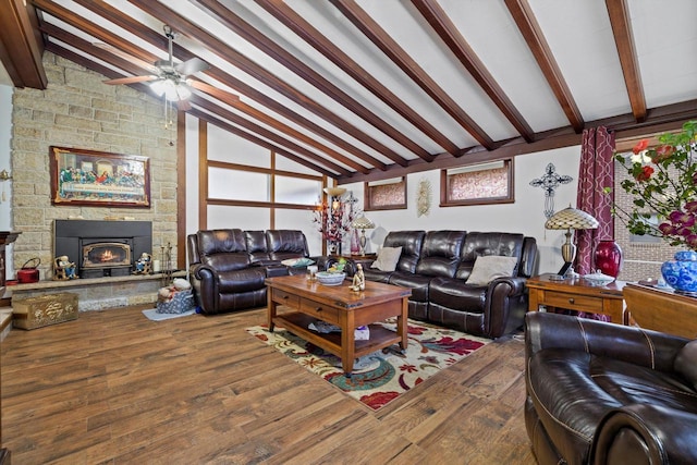 living room with wood-type flooring and vaulted ceiling with beams