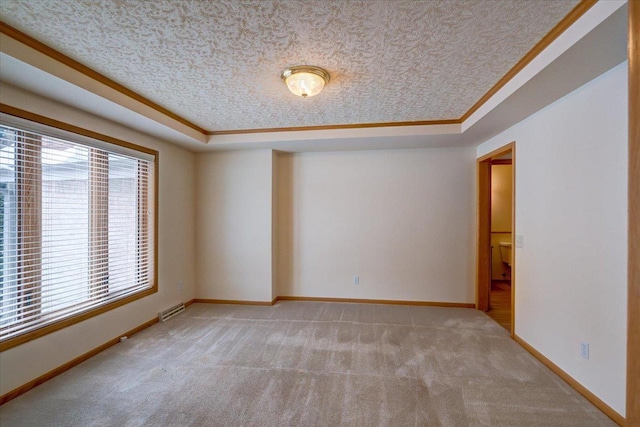 spare room featuring a tray ceiling, light colored carpet, and a textured ceiling