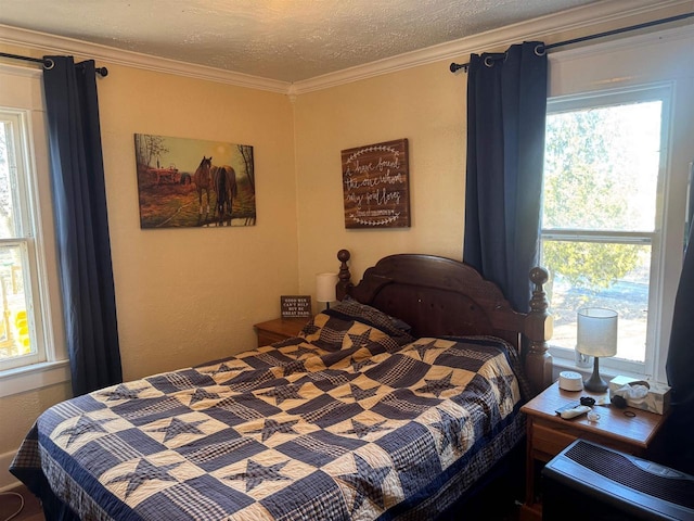 bedroom featuring crown molding and a textured ceiling