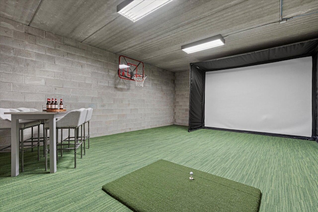 playroom featuring carpet and golf simulator