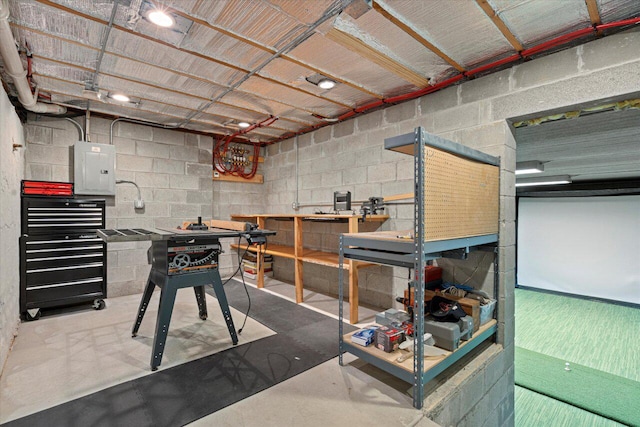 basement with electric panel and a workshop area