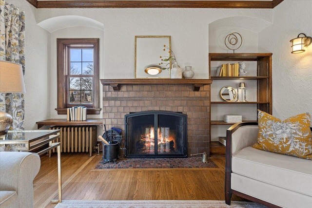 living room with radiator heating unit, a fireplace, and hardwood / wood-style floors