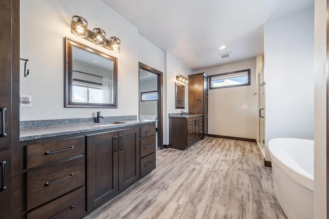 bathroom with hardwood / wood-style flooring, vanity, and independent shower and bath