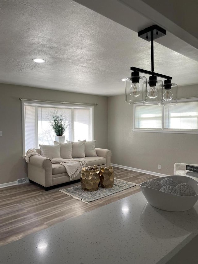 living room featuring wood-type flooring and a textured ceiling