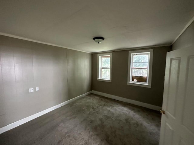 carpeted spare room with crown molding