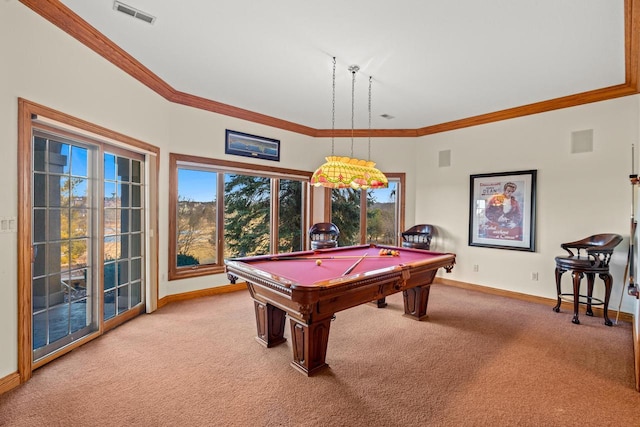 playroom featuring crown molding, light colored carpet, and pool table