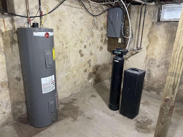 utility room featuring water heater and electric panel