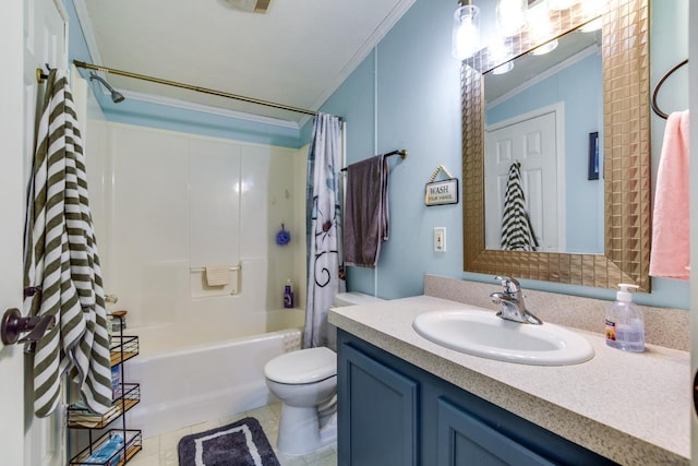 full bathroom with vanity, ornamental molding, shower / bath combination with curtain, and toilet