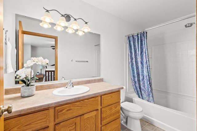 full bathroom featuring shower / tub combo, vanity, tile patterned floors, and toilet