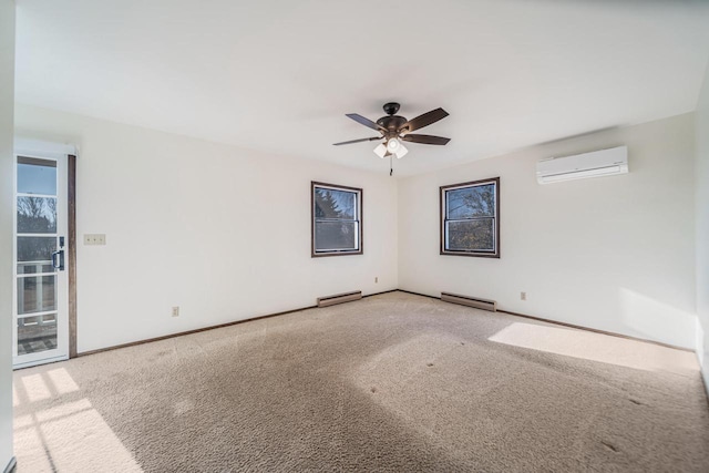 empty room featuring ceiling fan, a wall mounted air conditioner, and carpet