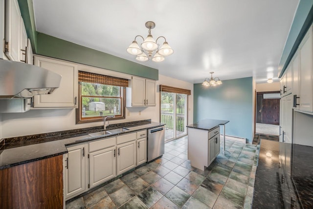 kitchen with white cabinetry, dishwasher, sink, and decorative light fixtures