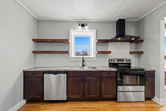 kitchen with wall chimney exhaust hood, sink, light hardwood / wood-style flooring, appliances with stainless steel finishes, and backsplash