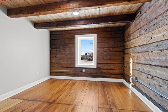 unfurnished room featuring hardwood / wood-style floors, wood ceiling, and beamed ceiling