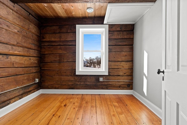 empty room featuring light hardwood / wood-style floors and wooden ceiling