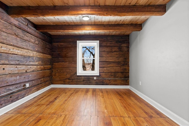 unfurnished room featuring wood-type flooring, wooden ceiling, and beamed ceiling