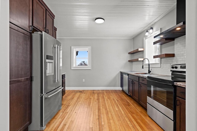 kitchen featuring appliances with stainless steel finishes, sink, backsplash, light hardwood / wood-style floors, and wall chimney range hood