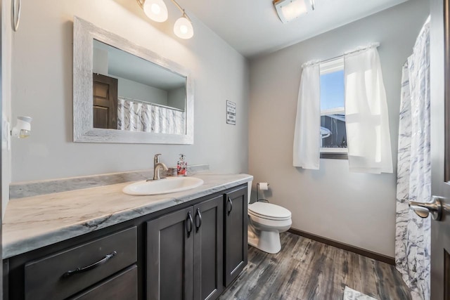 bathroom with vanity, wood-type flooring, and toilet