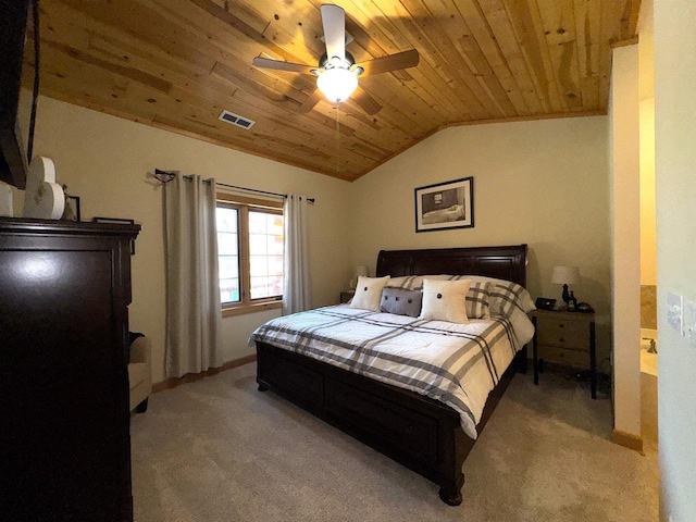 carpeted bedroom featuring lofted ceiling, wooden ceiling, and ceiling fan