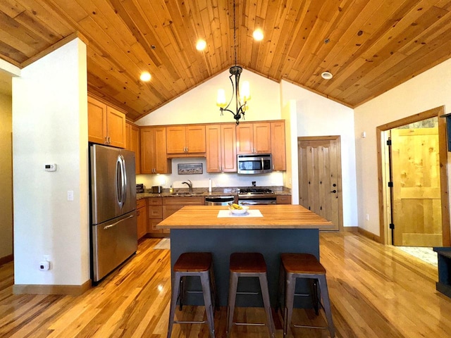 kitchen with stainless steel appliances, decorative light fixtures, butcher block countertops, and light hardwood / wood-style flooring