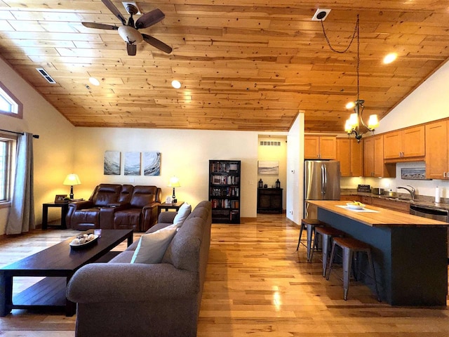 living room with ceiling fan with notable chandelier, high vaulted ceiling, sink, light hardwood / wood-style floors, and wooden ceiling