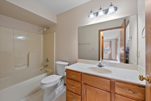 full bathroom featuring vanity, toilet, tile patterned flooring, and shower / bathing tub combination