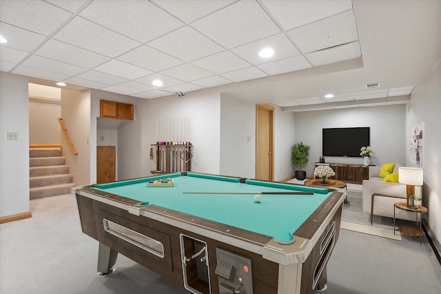 rec room featuring light carpet, a drop ceiling, and pool table